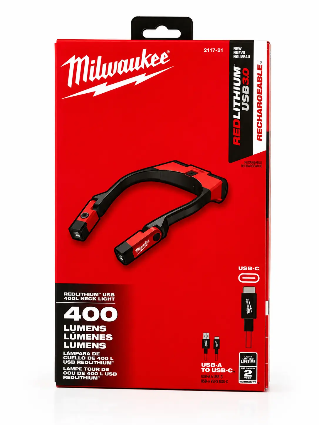 Milwaukee 2117-21 REDLITHIUM USB 400-Lumen Rechargeable Neck Light – Hands-Free LED Work Light