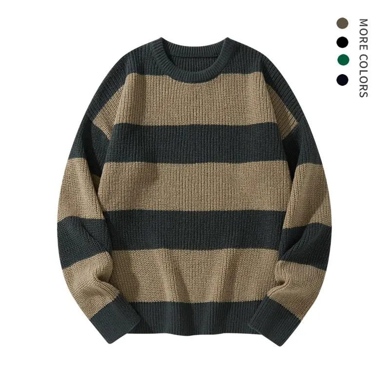 #SohoChic Men's Polyester Horizontal Striped Relaxed Round Neck Knit Sweater - Warm Long-Sleeved Autumn Winter Top for Daily Outdoor Holiday Wear