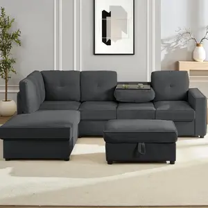 ZAFLY-Home Corduroy Boneless Sectional Couch with Removable Storage Ottoman, 4 Seats Couch with Adjustable Backrest Converts to a Table with Two Cup Holders, Modern Design Sofa. Living Room Furniture.