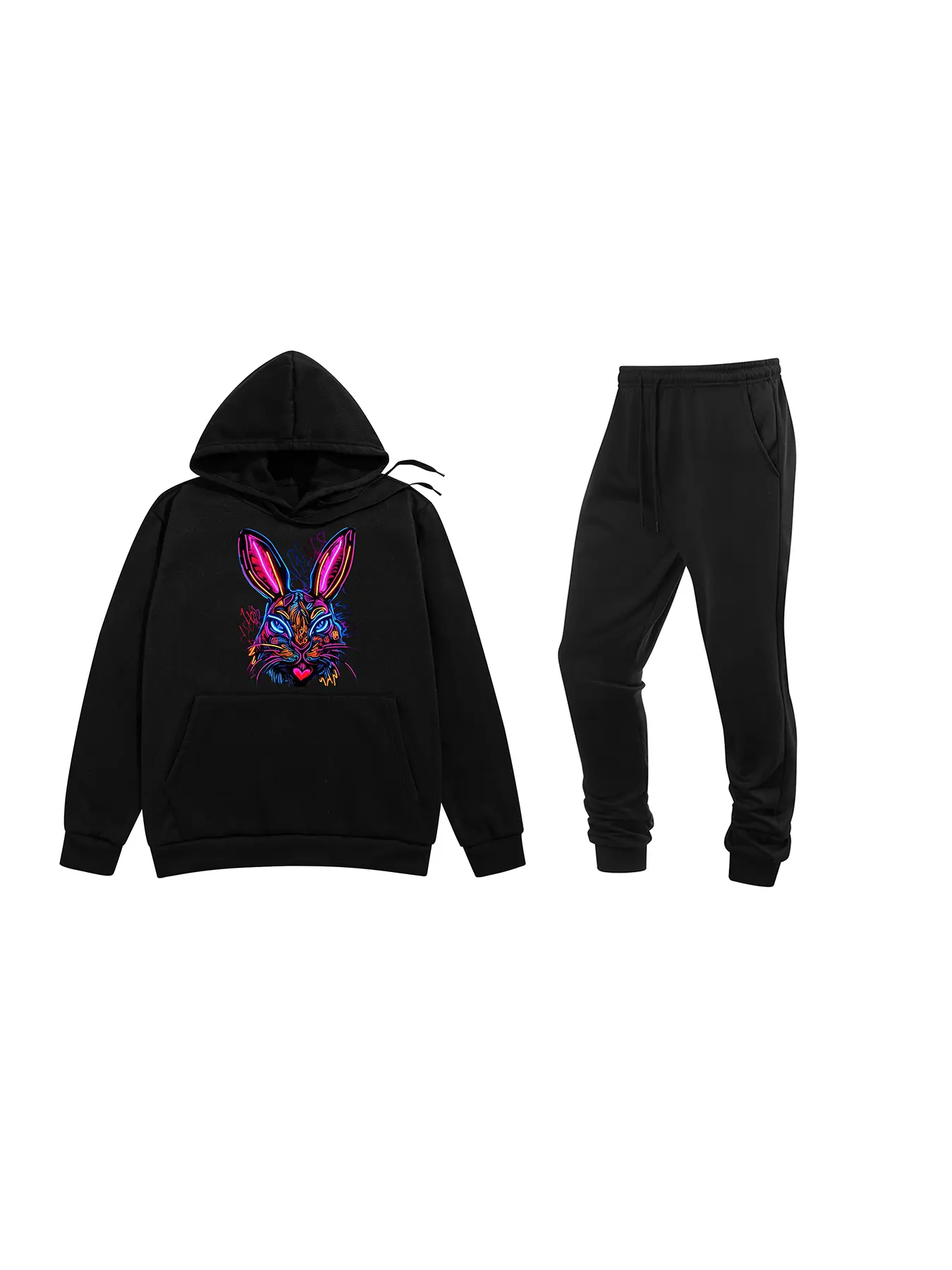 Classic Men's Fleece Rabbit Print Athletic 2Pcs Tracksuit Set Casual Sweatsuits Long Sleeve Hoodie And Jogging Pants Set For Gym Workout Running