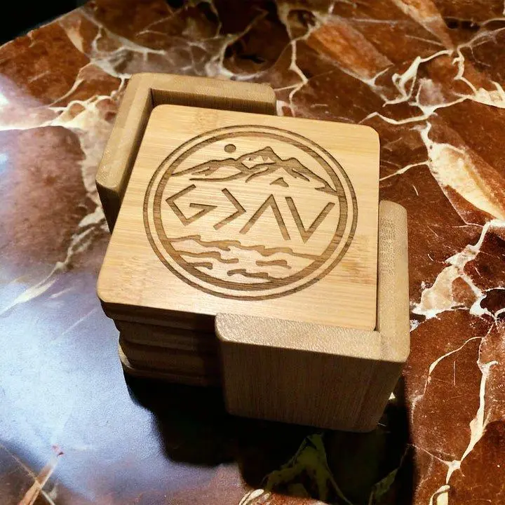 God is Greater Bamboo Coasters - 3 3/4" Squares Set of 6 with Holder Engraved Design Faith Inspired Drink Coasters