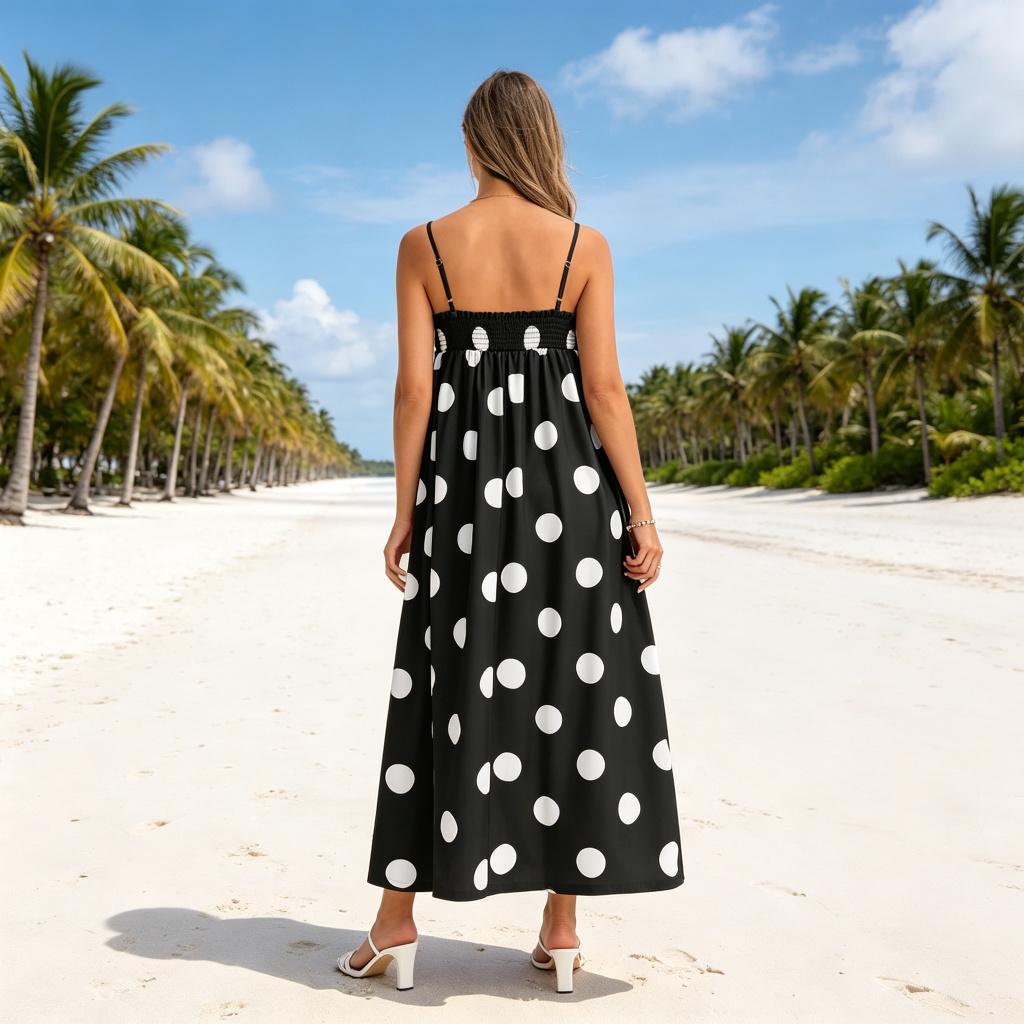 Wodubu Women's Casual Polka Dot Maxi Dress - Lady's Fashionable, Comfortable Spaghetti Strap Smocked Loose Beach Vacation Dress with Pockets