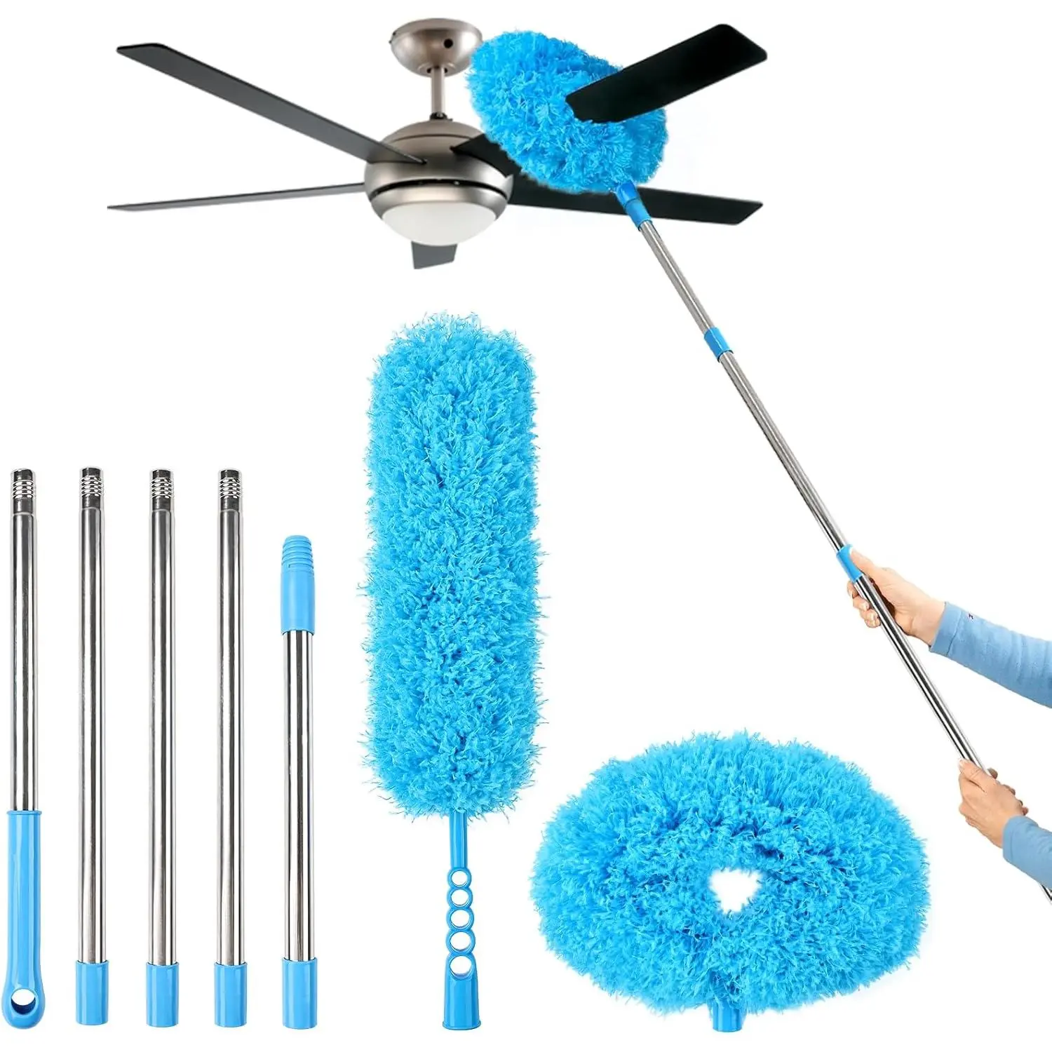 Adjustable Reusable Microfiber Ceiling Fan Cleaner Duster with 12-71 Inch Extension Pole, Removable for Cleaning Walls, Bookshelves, Furniture, Door & Window Tops (Blue)