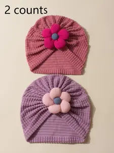 Adorable Baby Floral Solid Color Hooded Hat Set, Infant Warm Fitted Cap, Two-Color Combination, Casual Style, All Seasons, Flower Hat