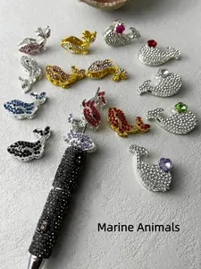 4pcs Random Color Ocean Series Whale Dolphin Rhinestone Alloy Focal Beads for Pens Colorful Marine Animals Fancy Beads for DIY Craft Beaded Pens Bracelet Necklace Earrings Key Chain Jewelry Making