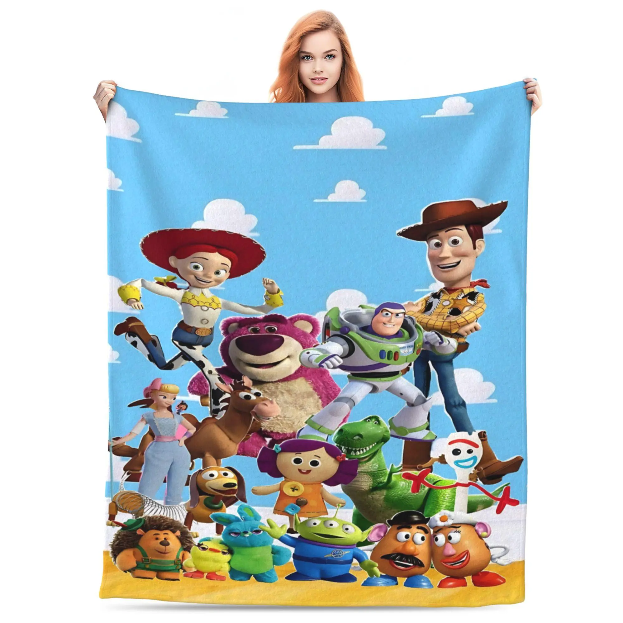 [SummerVibes] DISNEY CLASSIC Toy Story Throw Blanket – Woody, Buzz Lightyear, Jessie, Rex, and Friends Group Scene on Blue Sky Background, Soft Fleece Blanket for Pixar Fans and Home Decor