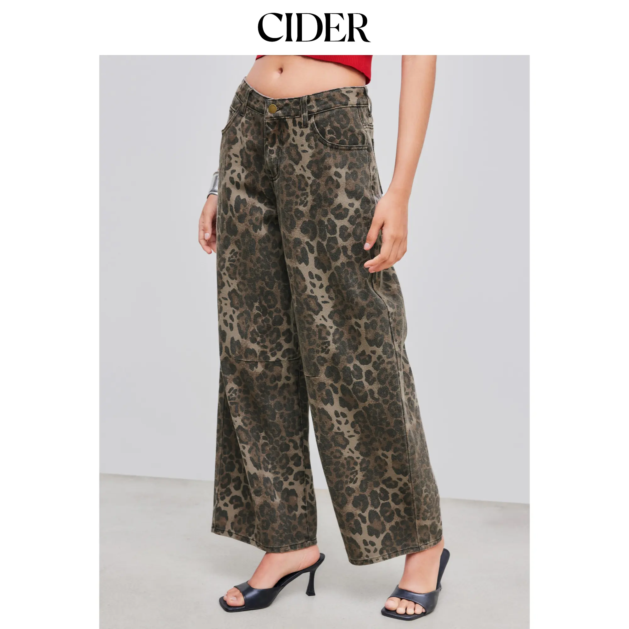 Cider [size 0-26] Cider Denim Mid Rise Leopard Barrel-leg Jeans, Bottom, Pants, Trouser, Bottoms, Leopard Print, Animal Print, Jeans Pants, Casual Wear, Mid-Rise Fit