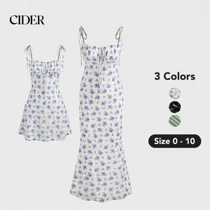 Cider [3 colors, size 0-10] Floral Knotted Milkmaid  Mini Dress, Stretchy Mesh Overlay, Perfect for Vacation Picnic Date Outfit