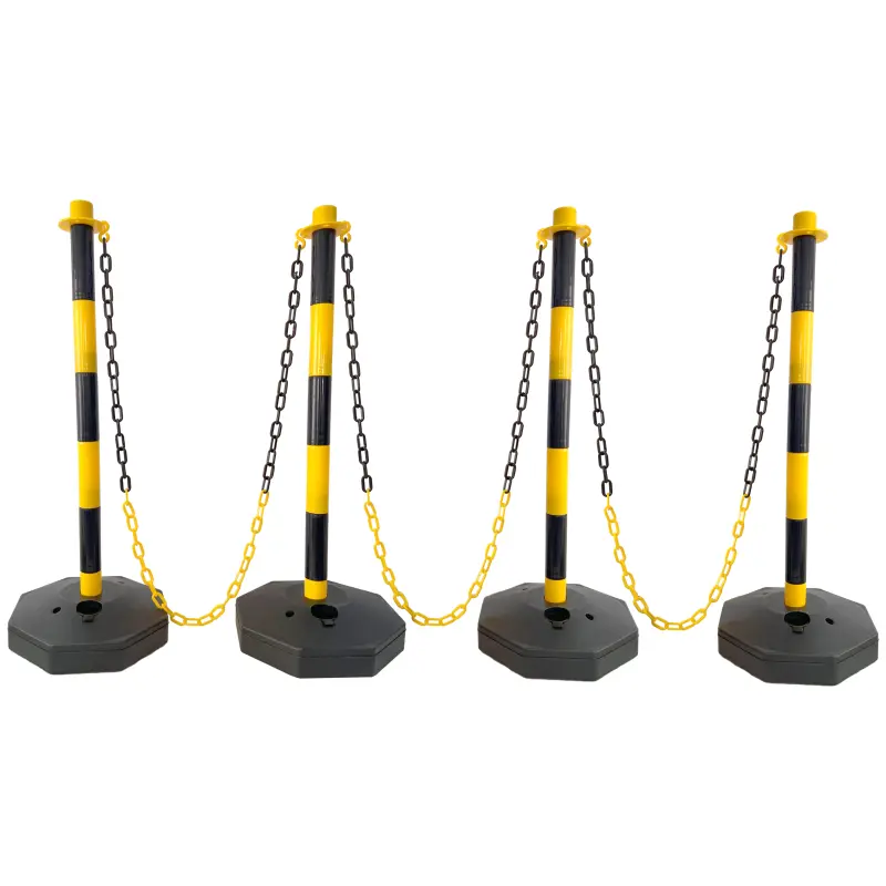 4 Pack Traffic Delineator Post Cones with Fillable Base, Adjustable Plastic Safety Barrier with 5Ft Plastic Chain, Outdoor and Indoor Crowd Control Stanchion for Traffic Control and   warning Y/B