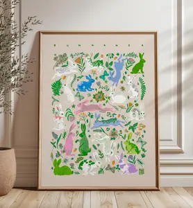 Colorful Zodiac Rabbit Wall Art Print — Easter Bunny Wall Decor, Modern Asian Folk Art Poster | Spring Nursery Gift