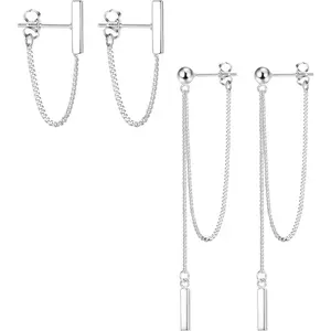 Milacolato 2 Pairs 925 Sterling Silver Chain Earrings for Women Chain Dangle Bar Earrings Hypoallergenic Stud Earrings with Drop Tassel Chain for Teen Girls