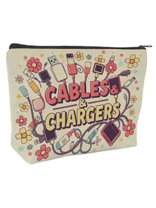 Canvas Makeup Bag with Playful Cables & Chargers Print, Whimsical Retro Tech Design, Travel Toiletry & Electronics Organizer, Perfect Gift