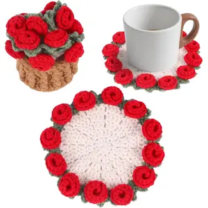 Crochet Flower Woven Coaster, Hand Woven Lily Of The Valley Circular Coaster, Heat-Insulating And Anti Slip Handmade Bouquet Blanket Coaster, Coffee Table Mat, Suitable For Coffee Table Protection And Home Decoration, Wedding Gifts