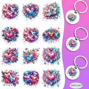 24PCS/Set Diamond Hearts Love Crystal Perls Themed Heart Shapes UV DTF Keychain DIY Transfer Paper - Waterproof Pattern, Laptop Decoration Excellent Gift Easy To Use