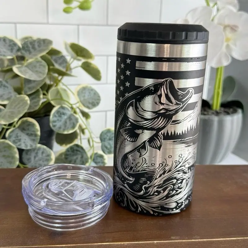 4-in-1 Fishing Can Cooler, Bass Fish American Flag Tumbler, Stainless Steel Insulated Drink Holder