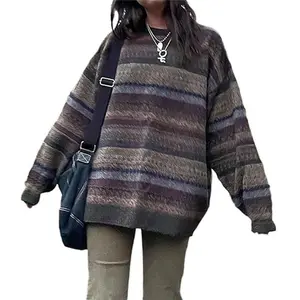 Women Argyle Plaid Oversized Sweater Long Sleeve Crewneck 90s Vintage Aesthetic Pullover Top Harajuku Preppy Sweater