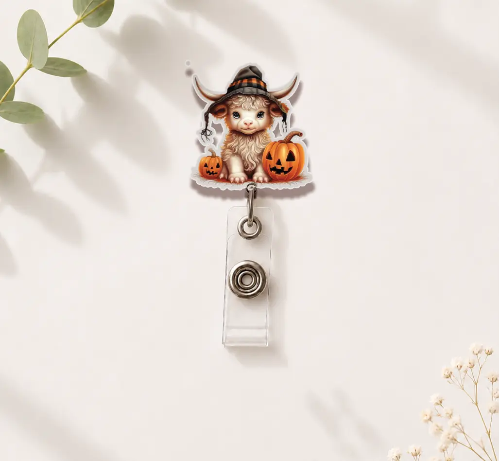 Witchy Highland Cow Acrylic Badge Reel, Spooky Witch Hat ID Name Tag, Halloween Pumpkin Retractable Lanyard Clip, Cute Office Supply, Spooky Nurse Accessory