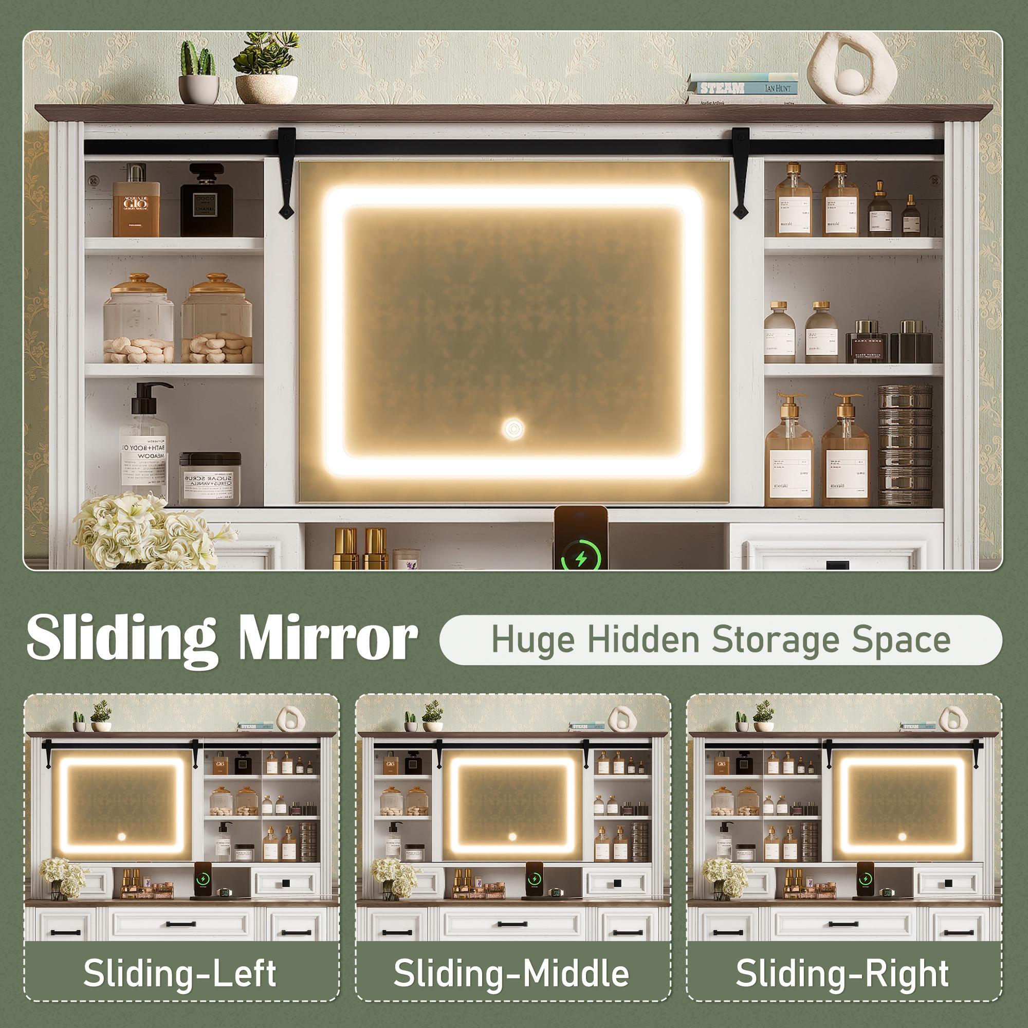 Bellemave 47.2" Farmhouse Makeup Vanity Desk with Sliding LED Mirror, Large Vanity Set, 9 Drawers, Charging Station, White & Brown Bellemave 47.2" Farmhouse Makeup Vanity Desk with Sliding LED Mirror, Large Vanity Set, 9 Drawers, Charging Station, White & Brown