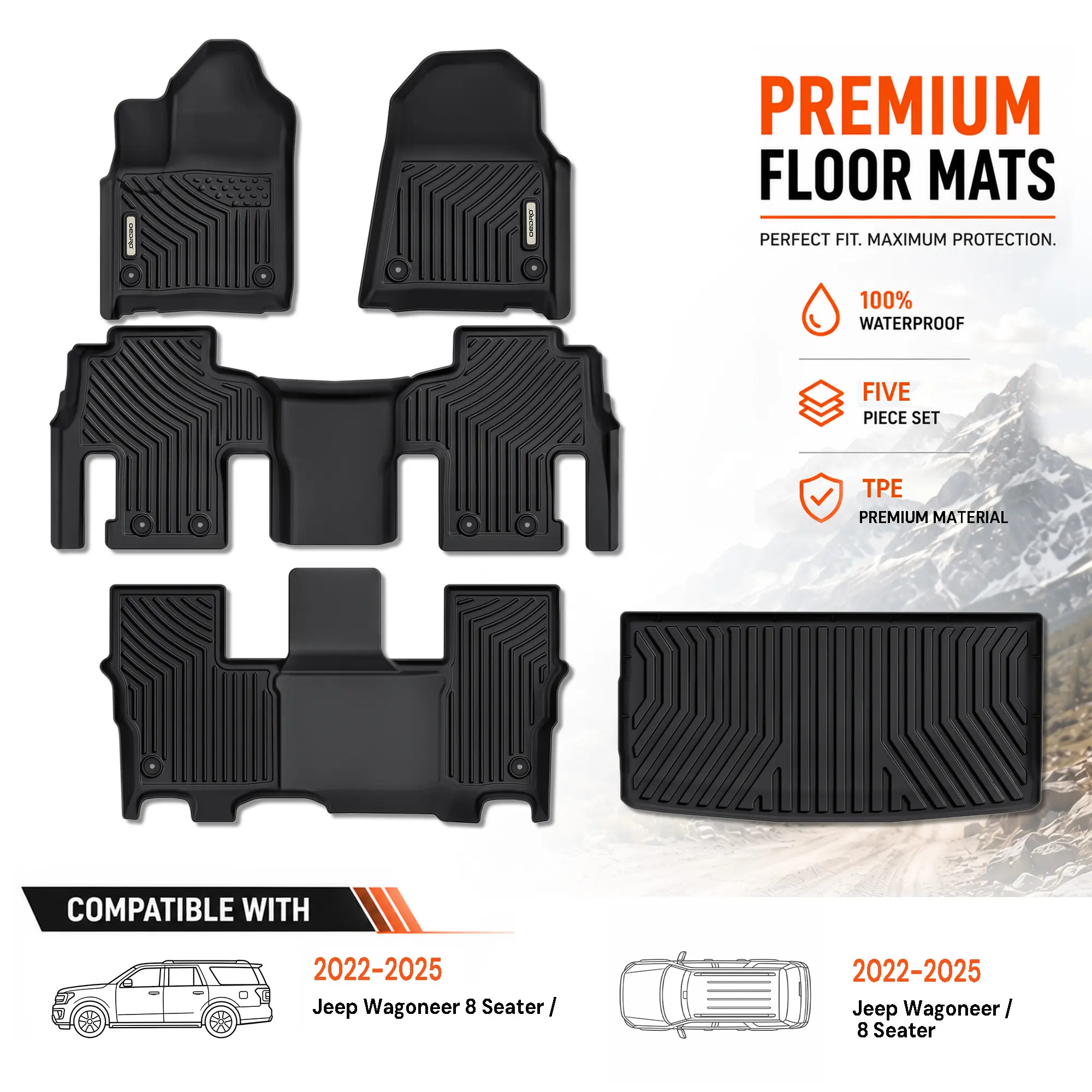 OEDRO TPE Floor Mats fits 2022-2025 Jeep Wagoneer 8 Seater, 1st & 2nd & 3rd Row and Cargo Mat Car Mats Full Set, All Weather, Waterproof