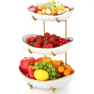 3 Tier Ceramic Fruit Bowl for Kitchen Counter Tiered Fruit Stands for Kitchen Counter Ceramic Serving Display Bowls with Metal Stand for Dessert Snack Vegetable Storage, Party, Cute & Small