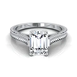 Hand-Engraved Vintage Cathedral Solitaire Emerald Cut Engagement Ring Setting in Platinum