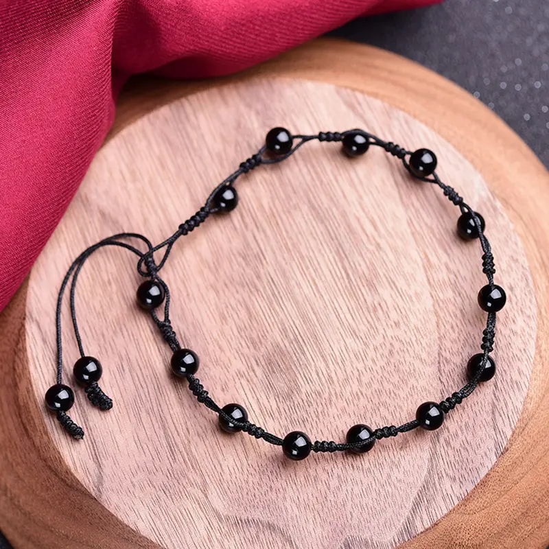 Women's Handcrafted Genuine Obsidian Dainty Gemstone Anklet - Deep Black Sheen Smooth Beads, Black Cord, Adjustable, Retro Minimalist, Grounding Protective Symbol, Natural Healing Jewelry, Adult Female Daily Wear, Thoughtful Birthday Gift