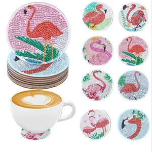 Flamingo Pattern DIY Diamond Arts Colorful Painting Wooden Coasters Kit, 8 Counts/set DIY Decorative Coasters for Coffee Cup, DIY Decorative Cup Mats for Home & Office, Diamond Painting Kits