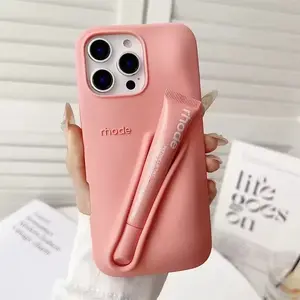 [Full Box Gift Set] Rhode iPhone Case with Lip Gloss Holder & Box for iPhone 17 16 15 14 13 12 11 Pro Max Plus Silicone Phone Case Toast Espresso Ribbon Cover