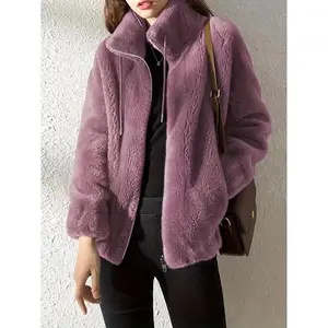 Furry Teddy drawstring coat-women's fur outerwear, casual long sleeve zip up warm jacket with soft plush lining, perfect for winter daily wearGift