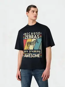 Vintage Zebra Stripe Letter T-Shirt, Street Style Loose Fit Half Sleeve, Long Clothing, No Zipper, No Collar, No Button, Print Pattern