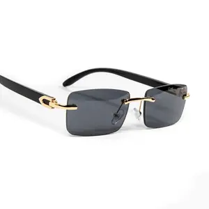 Men's Black Tint Rectangular Hip Hop Gold Frame Woodgrain Rimless Sunglasses