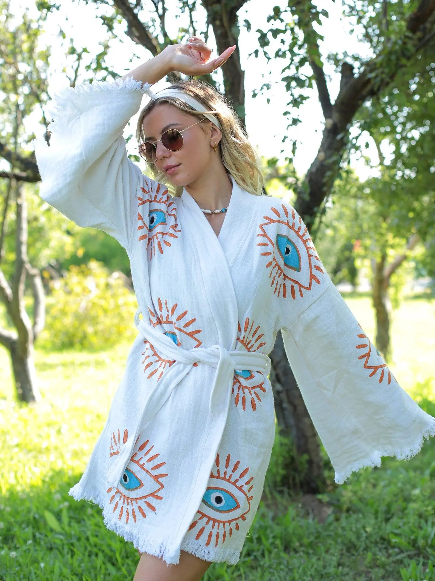 Women's Cotton Hand-Printed Retro Evil Eye Short Kaftan Kimono Robe - Adjustable, Comfortable for Lounging at Home, Beach Use, Cold Wash, Loungewear, Organic Cotton, Breathable Fabric, 10250M, Do Not Bleach, Belt Tie-Up, Greek Vibe, Loose-Fitting, Picnics