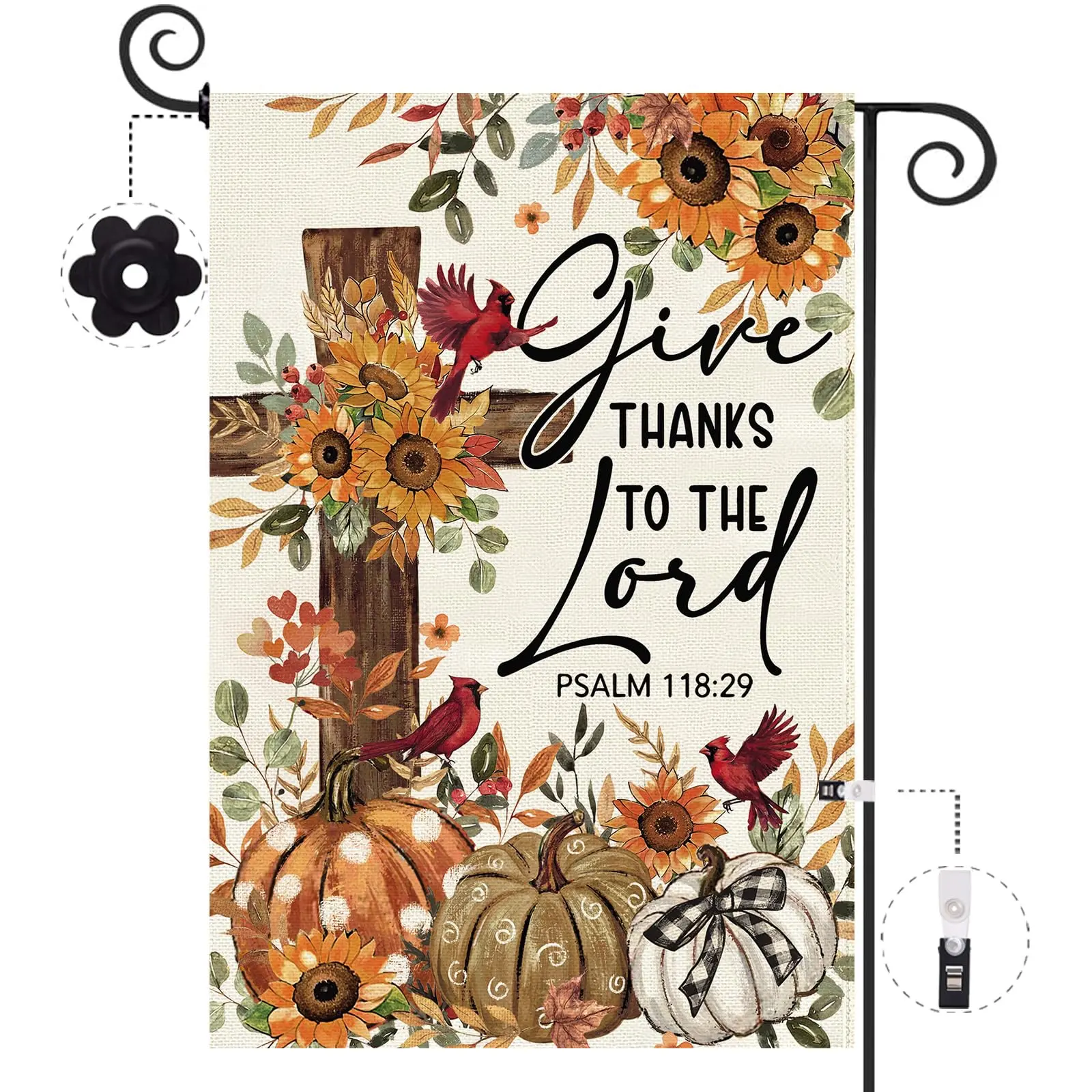 Give Thanks To The Lord Garden Flag 12x18 Inch Double Sided,Cardinal Cross Thanksgiving Day Outside Outdoor Seasonal Burlap Pumpkin Flags Home Patio Front Yard Lawn Decoration