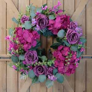 Bibelot 20-in Artificial Purple Silk Rose Wreath with Hydrangea & Green Leaves, Decorative Ornaments for Front Door, Wall, Home Decor, Ideal Gift