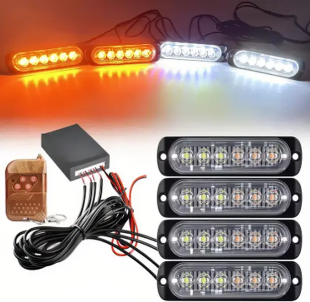 4 IN 1 LED Warning Light Bar with Remote Control, 24 LED White & Amber Strobe Light, 10 Flash Modes Waterproof Emergency Work Light, Universal for 12V Truck Motorcycle Vehicles