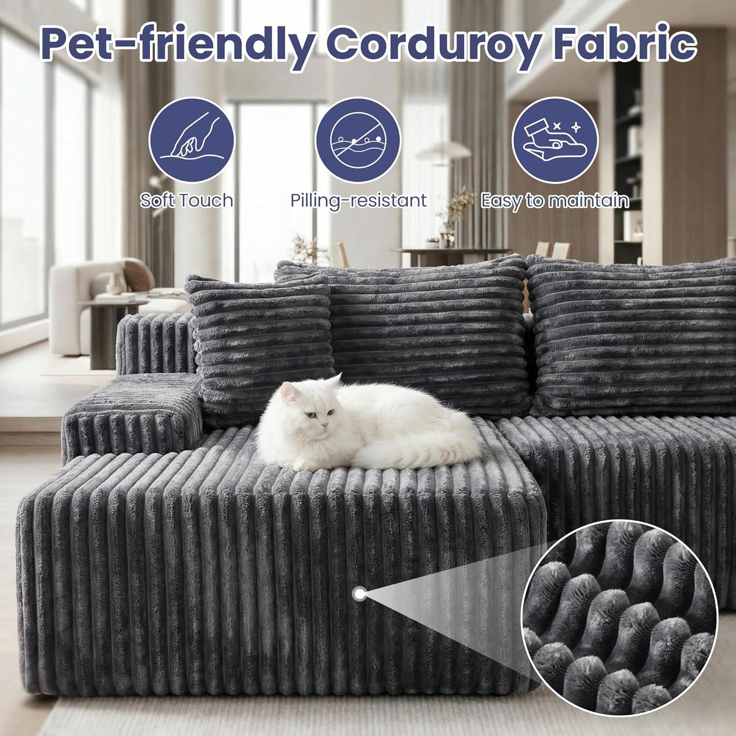 winzoo couch 126" Cloud Sectional Couch for Living Room, Oversized 6 Seat Convertible Modular Sectional Sofa Bed with High Back Ottoman, Plush Corduroy U Shaped Boneless Couch Compression Sofas, Grey