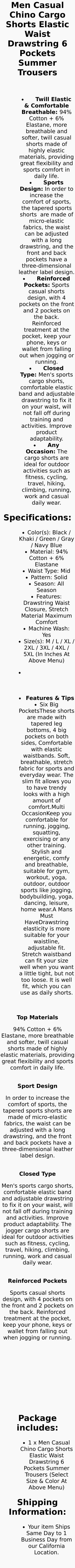 Men's Casual Chino Cargo Shorts with Elastic Waist and Drawstring 6 Pockets Plain Design All Sizes Available Menswear Beige Tropical