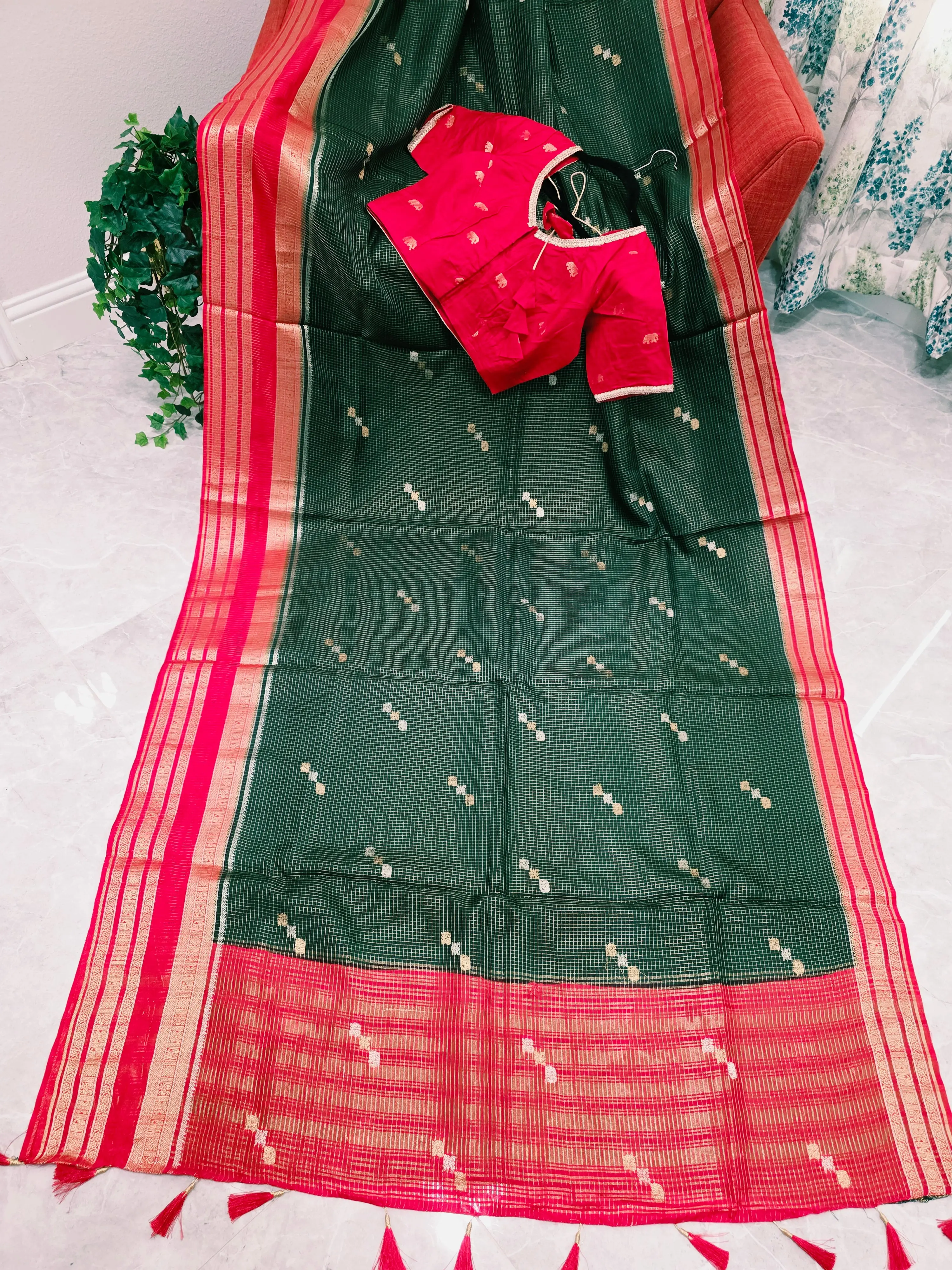 Vintage Royal Bottle Green Russian Dola Crepe Silk Saree with Crimson Elephant Butta Border & Stitched Blouse