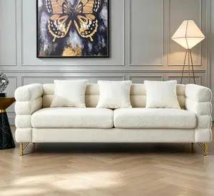 81 Inch Oversized 3-Seater Teddy Fabric Sectional Sofa, Living Room Deep Seating Couch with 3 Pillows - Soft Comfort for Living Room, Bedroom, White