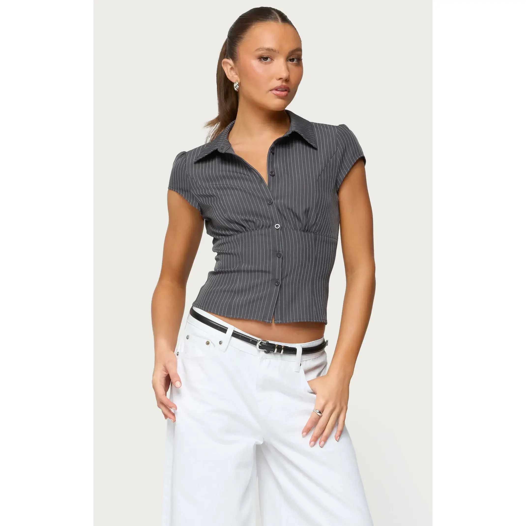 Edikted Women's Juney Pinstripe Tailored Button Up Shirt