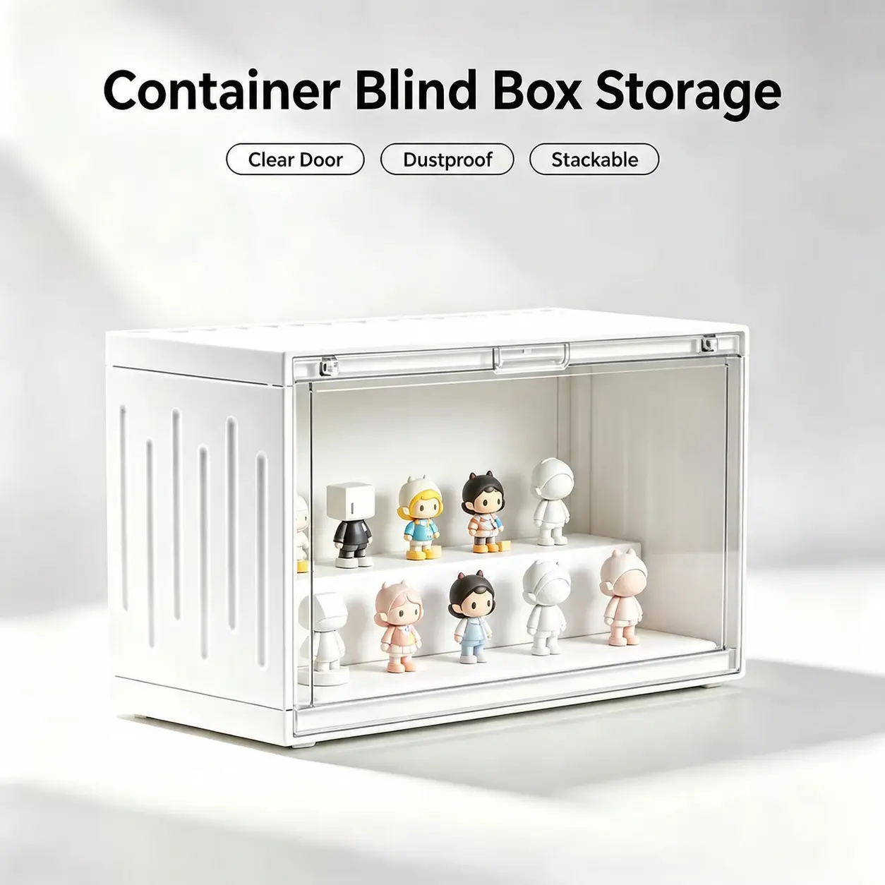 Stackable Container Style Blind Box Display Case, Dustproof Clear Flip Door Figurine Organizer Box with Tiered Stand, Space Saving Action Figure Toy Collectible Storage Cabinet for Desk Bedroom Decor