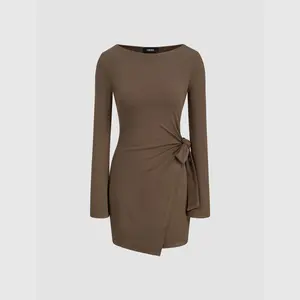 Cider [size 0-10] Boat Neck Solid Knotted Wrap Long Sleeve Mini Dress