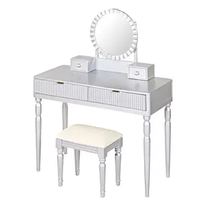 39.4" Makeup Vanity Desk with Sunflower Mirror and Cushioned Stool, 4 Drawers Storage Dressing Table, Height-Adjustable Mirror, Classic Modern Vanity for Bedroom