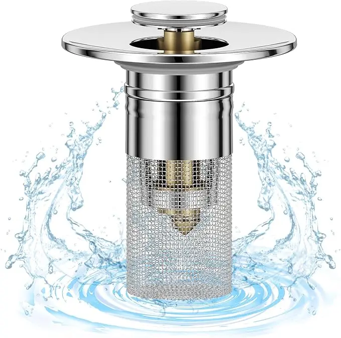 Woosie.3 in 1 Kitchen Sink Drain Strainer, 304 Stainless Steel Pop Up Sink Stopper with Anti-Clog Basket, Compatible with US Standard 3-1/2 Inch Sink Drain