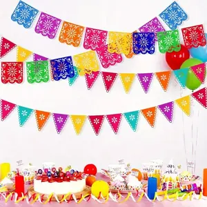 4-Pack Colorful Mexican Banners, Elegant Lace Cutout Design, Multicolor Stripes, Perfect for Day of the Dead, Parties, Home Celebrations