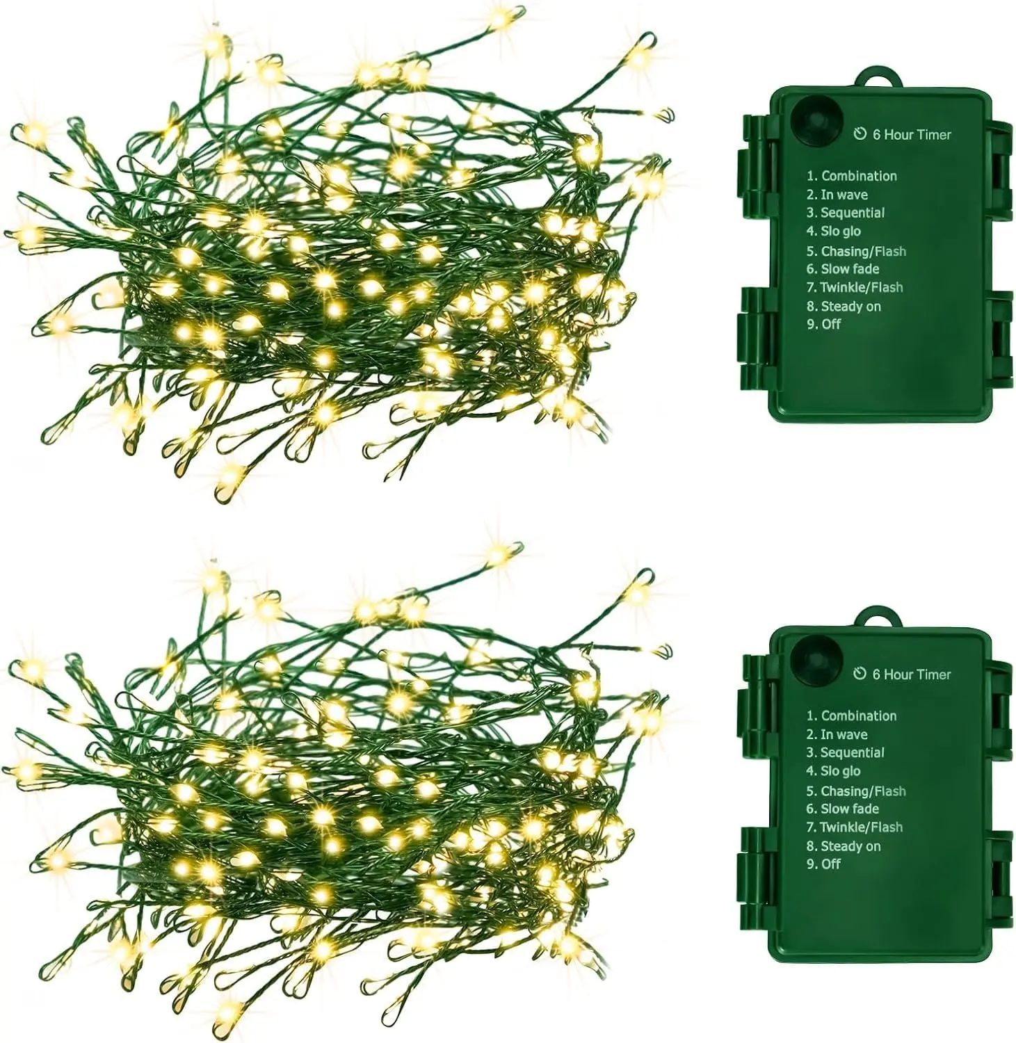 Outdoor Fairy Lights Battery Operated,20Ft 200LED Green Copper Wire Cluster Lights with Timer,Twinkle Firecracker String Lights, Mini Lights for Christmas Tree Wreath,Warm White,2 Pack