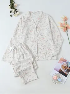 Women's Floral Rabbit Print Long Sleeve Pajama Set, Comfortable Sleepwear for Spring & Fall, Casual Nightwear for Women