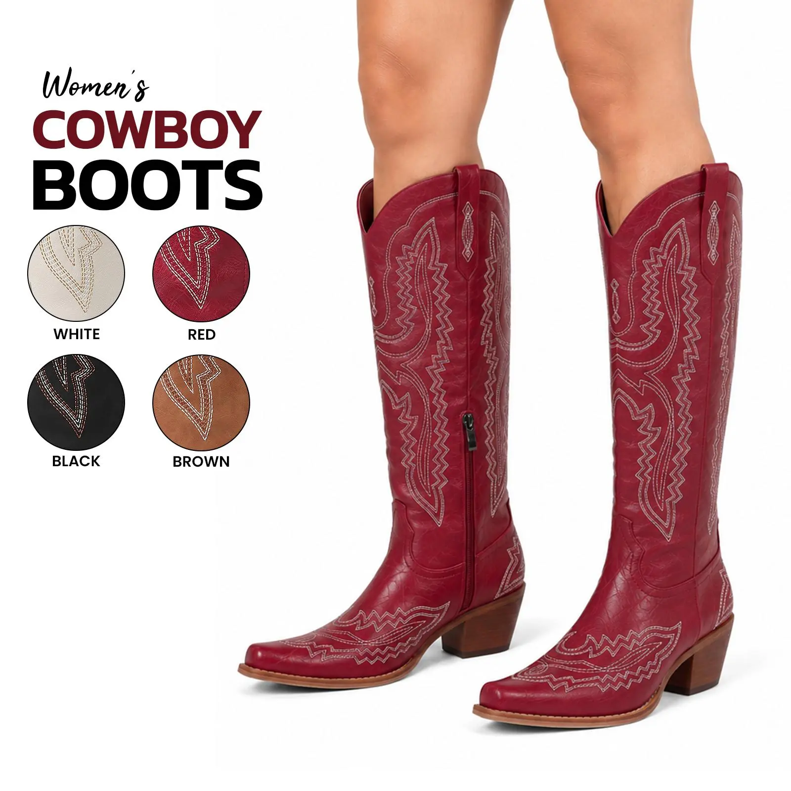 Cowboy Boots For Women Knee High Boot Squre Toe Chunky Block Heel Side Zipper Embroidered Wide Calf Fashion Retro Chic Party Date Dress Concert Western Classic Trendy Cowgirl Long Booties Summerwins