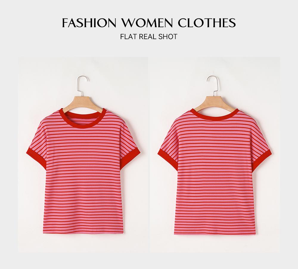 Asivivid Women's Striped Ribbed Knitted Drop Shoulder Round Neck T-Shirt Summer Tops Daily Everyday Wear Shirt Top