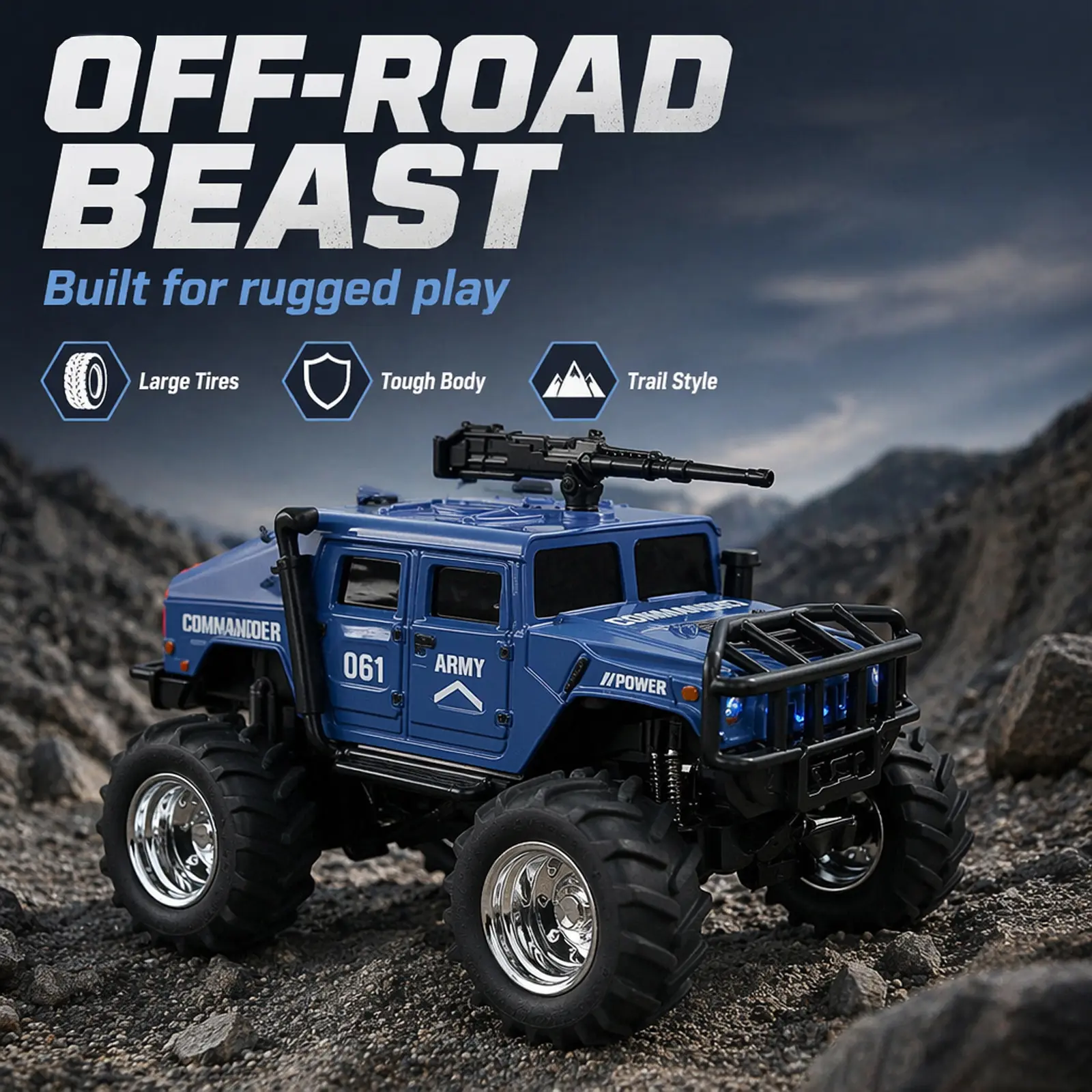 2.4GHz RC Off‑Road Military Truck All Terrain Remote Control Monster Truck Rugged RC Car Toy Gift for Boys Kids Outdoor Off‑Road Racing Play